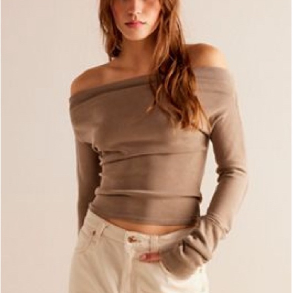 We The Free Gigi Off-Shoulder Brown Sweater